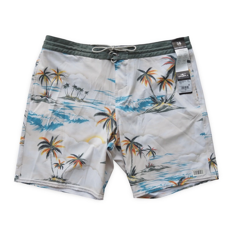 O'Neill Men's Tropical Palm Print Board Shorts in White and Green